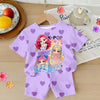 A purple two-piece summer set for girls featuring a K-Pop themed heart print on the shirt and shorts.