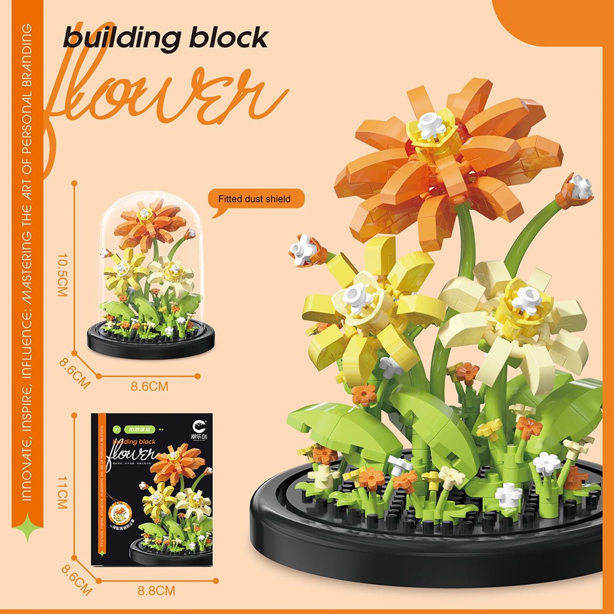 A kit for building a flower arrangement using building blocks, featuring orange and yellow floral components.