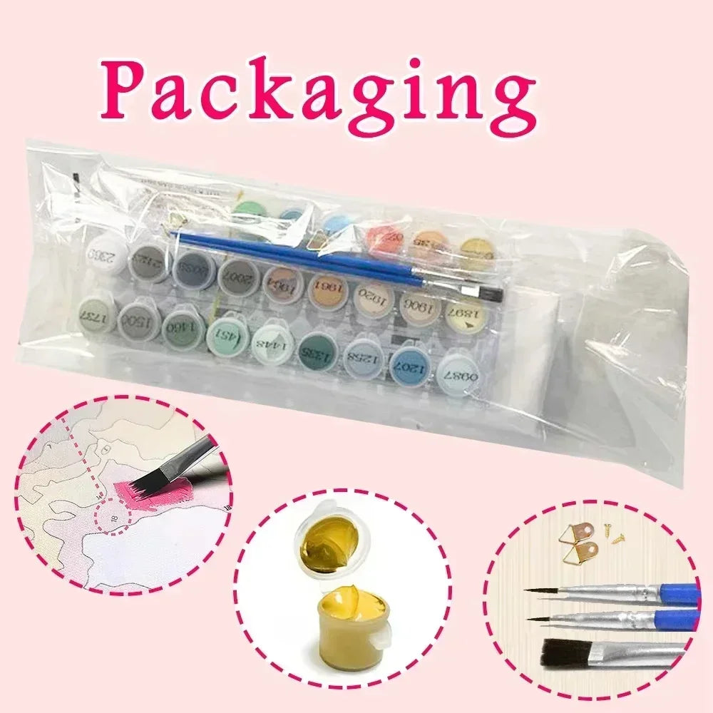 A clear plastic packaging shows a set of paint by numbers for an elegant woman portrait, including paints and a brush.