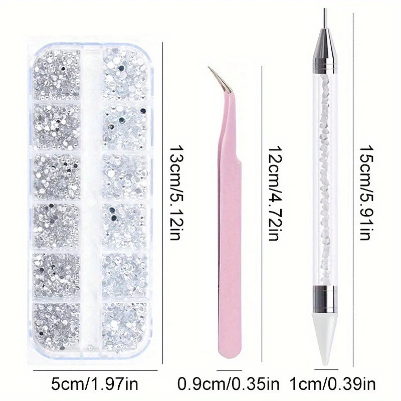 A set of multi-size flat back acrylic rhinestones in various sizes and colors for nail art and DIY crafts.