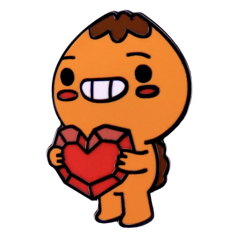 An enamel pin featuring a stylized, orange-skinned cartoon character with a heart shape.