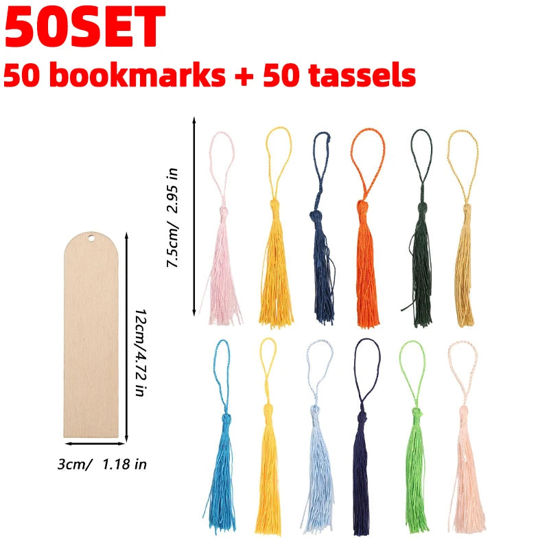 A set of 50 wooden bookmarks with colorful tassels shown in various shades and styles.