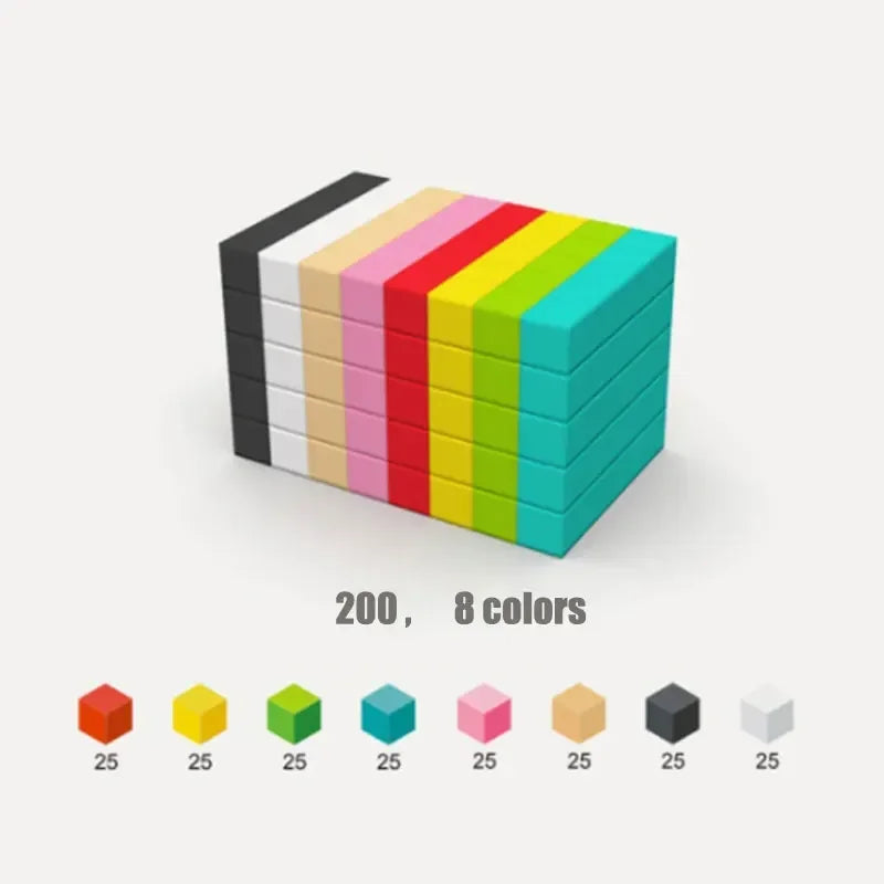 A stack of 200 building blocks in eight rainbow colors, arranged in a rectangular formation.