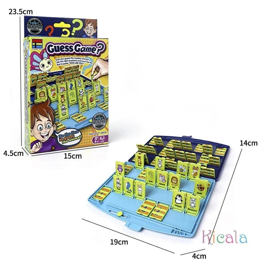 A box and game board of Guess the Animal game showing colorful cards and illustrations for a family game.