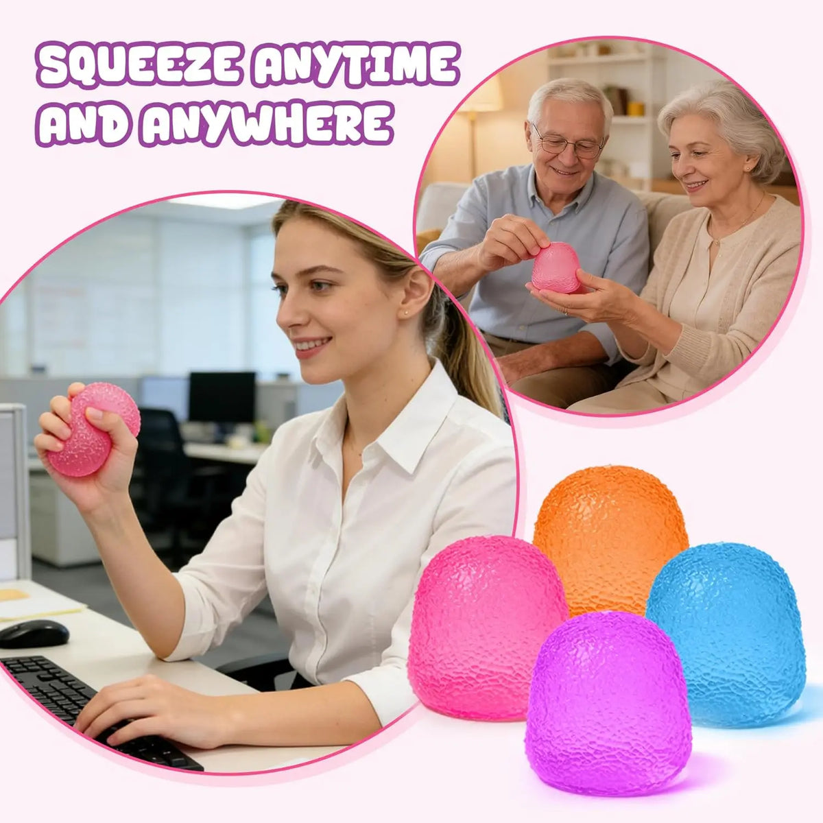 A woman is squeezing a pink squishy stress ball while working at a desk, with various colored squishies displayed nearby.