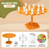 A set of orange frog balance tree math game pieces including a base, dice, rabbit pieces, and storage bag.