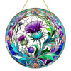 Round acrylic window hanging featuring a detailed floral design in shades of purple, green, and blue.