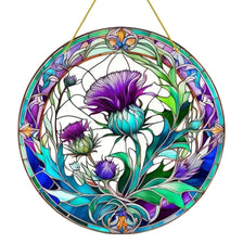 Round acrylic window hanging featuring a detailed floral design in shades of purple, green, and blue.