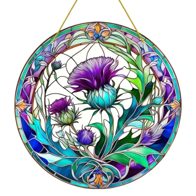 Round acrylic window hanging featuring a detailed floral design in shades of purple, green, and blue.