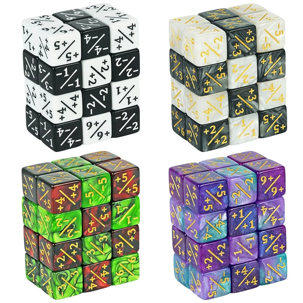 A collection of colorful six-sided dice counters in various colors and patterns for tabletop games.