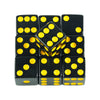 A set of ten black acrylic dice with yellow dots, arranged in a grid.