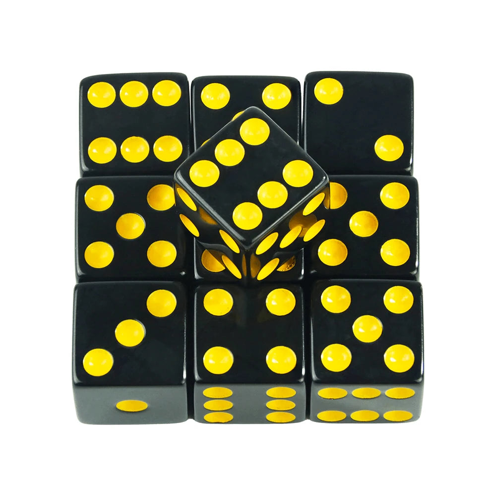 A set of ten black acrylic dice with yellow dots, arranged in a grid.
