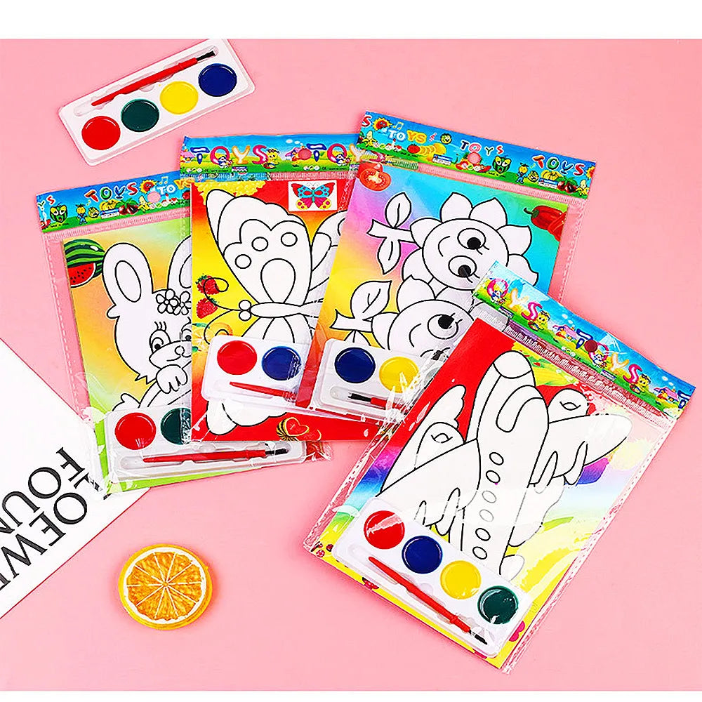 A colorful DIY cartoon coloring painting kit for kids featuring various paint and drawing tools.