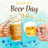 A hand holds a glass of beer with foam and a hand holds a crochet beer mug buddy with a funny card for Beer Day.