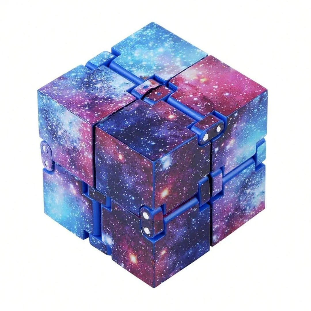 A cube puzzle made of blue and purple translucent material with a starry sky design.