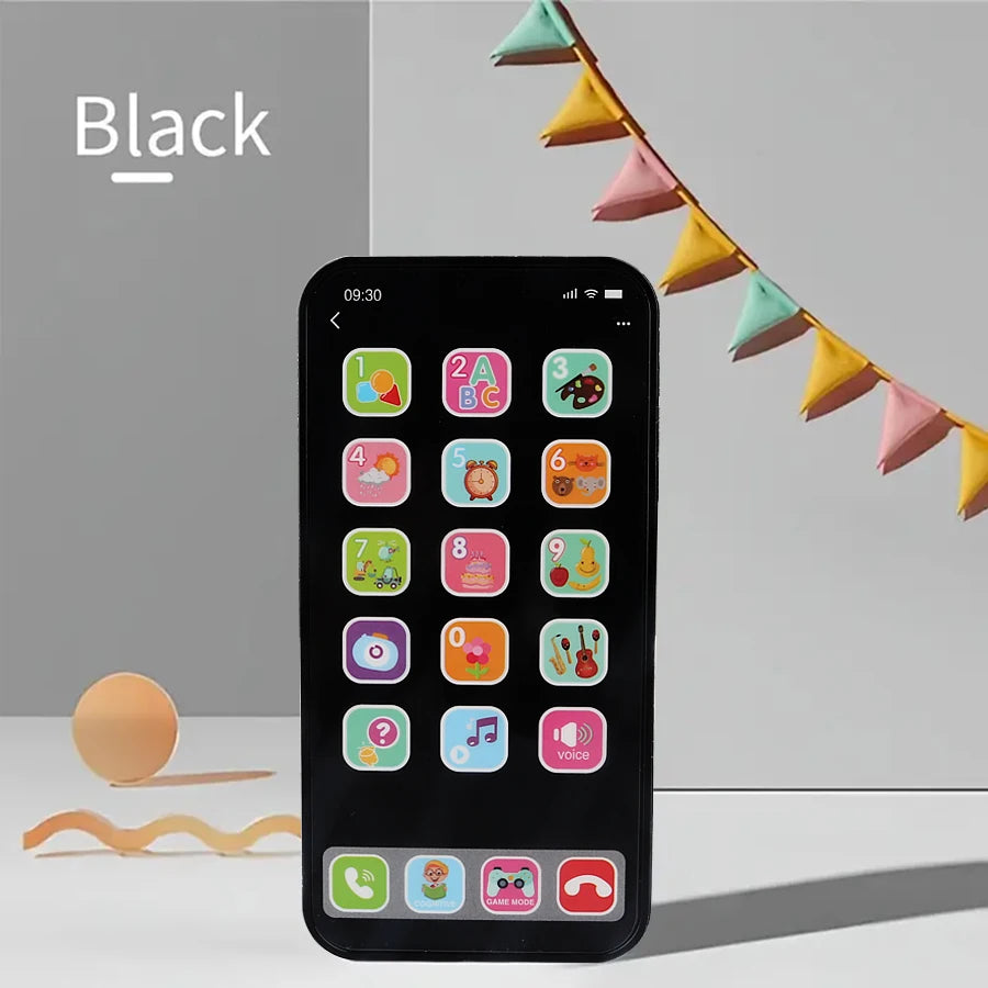 A black interactive baby learning phone toy is shown against a light gray background with a string of colorful triangular fla