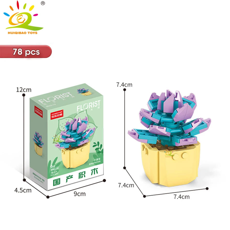 A set of 78 pieces of florist building blocks in purple and green colors used for creating succulent plant decor.