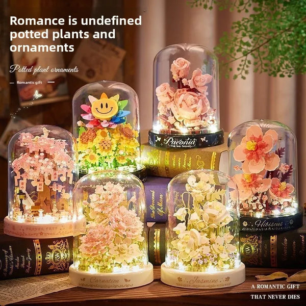 A collection of potted plant ornaments featuring various flowers and botanicals in glass jars.