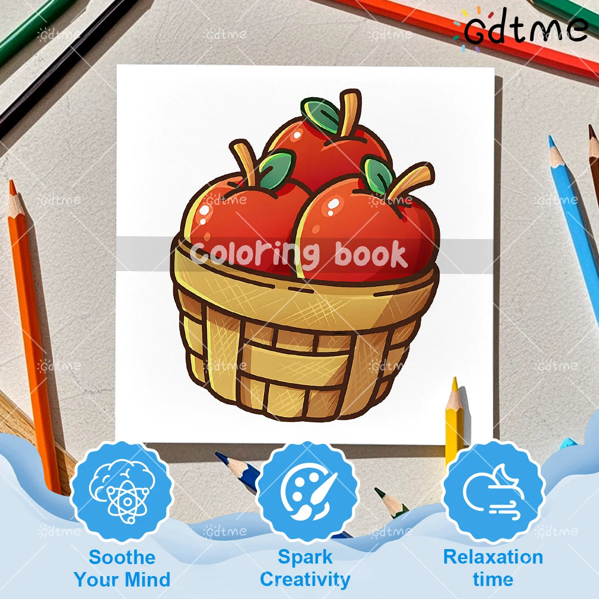 A coloring book featuring a basket of red apples and pencil art for relaxation and creativity.
