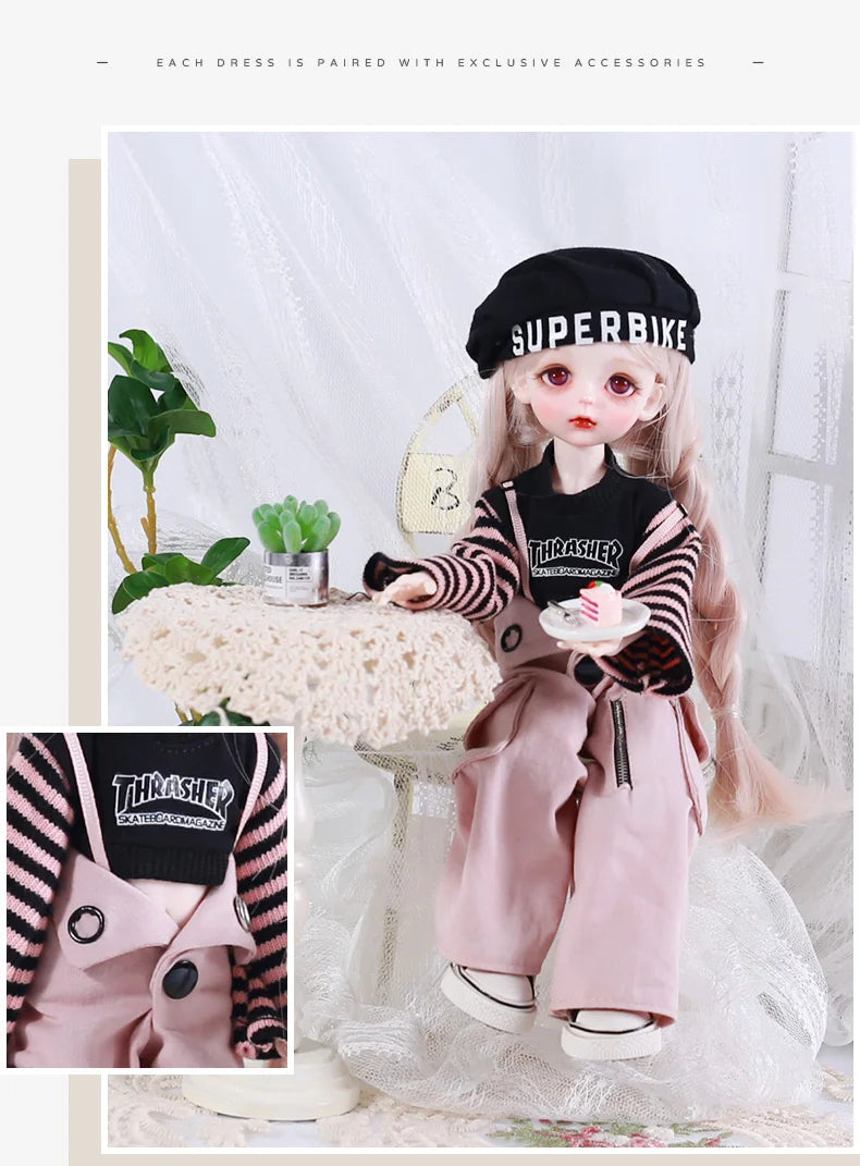 A princess doll wearing a pink outfit with black accessories and a black beret, styled for dress-up.