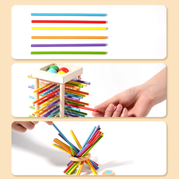 A hand is holding and arranging colorful wooden counting sticks and balance toys for early math learning.