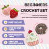 A beginner crochet set featuring pink and red yarn, including fruit shapes like strawberries and a donut, with tools for craf