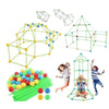 A set of creative building blocks and a play house structure for children.