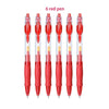 Six red retractable gel pens shown in a row.