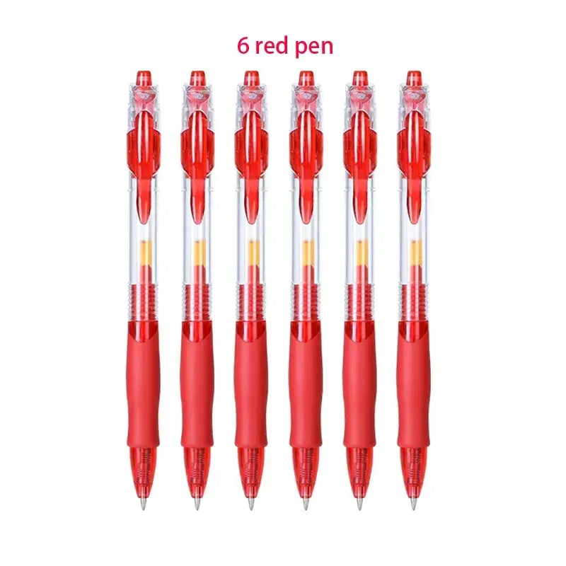 Six red retractable gel pens shown in a row.