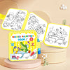 A yellow magic water drawing book with pages showing dinosaur and animal doodles, resting on a pink stand.