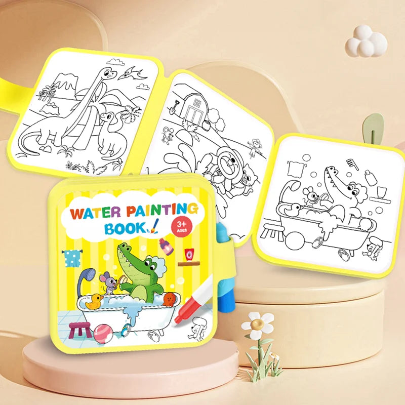 A yellow magic water drawing book with pages showing dinosaur and animal doodles, resting on a pink stand.