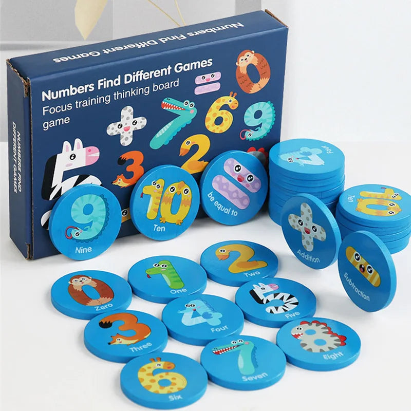 A box of Numbers Find Different Games featuring wooden tiles with numbers and corresponding images for children.