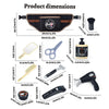 A collection of hair styling tools and accessories for a kids pretend salon set including scissors brushes and dryers