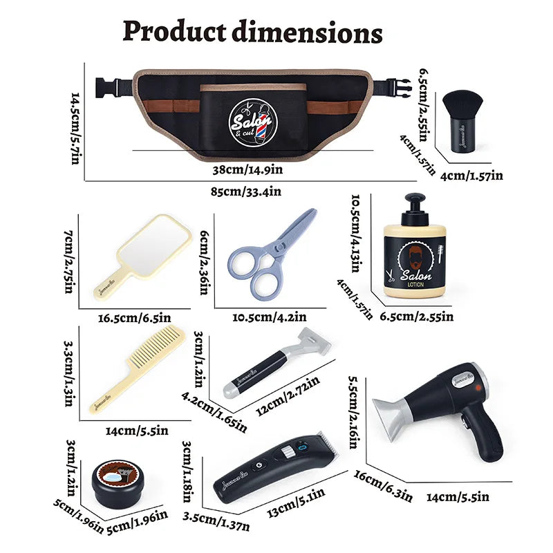 A collection of hair styling tools and accessories for a kids pretend salon set including scissors brushes and dryers