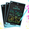 A teal writing tablet displaying 'I'm HAPPY' in glowing green handwriting with various cute monster drawings.