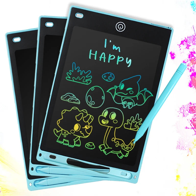 A teal writing tablet displaying 'I'm HAPPY' in glowing green handwriting with various cute monster drawings.