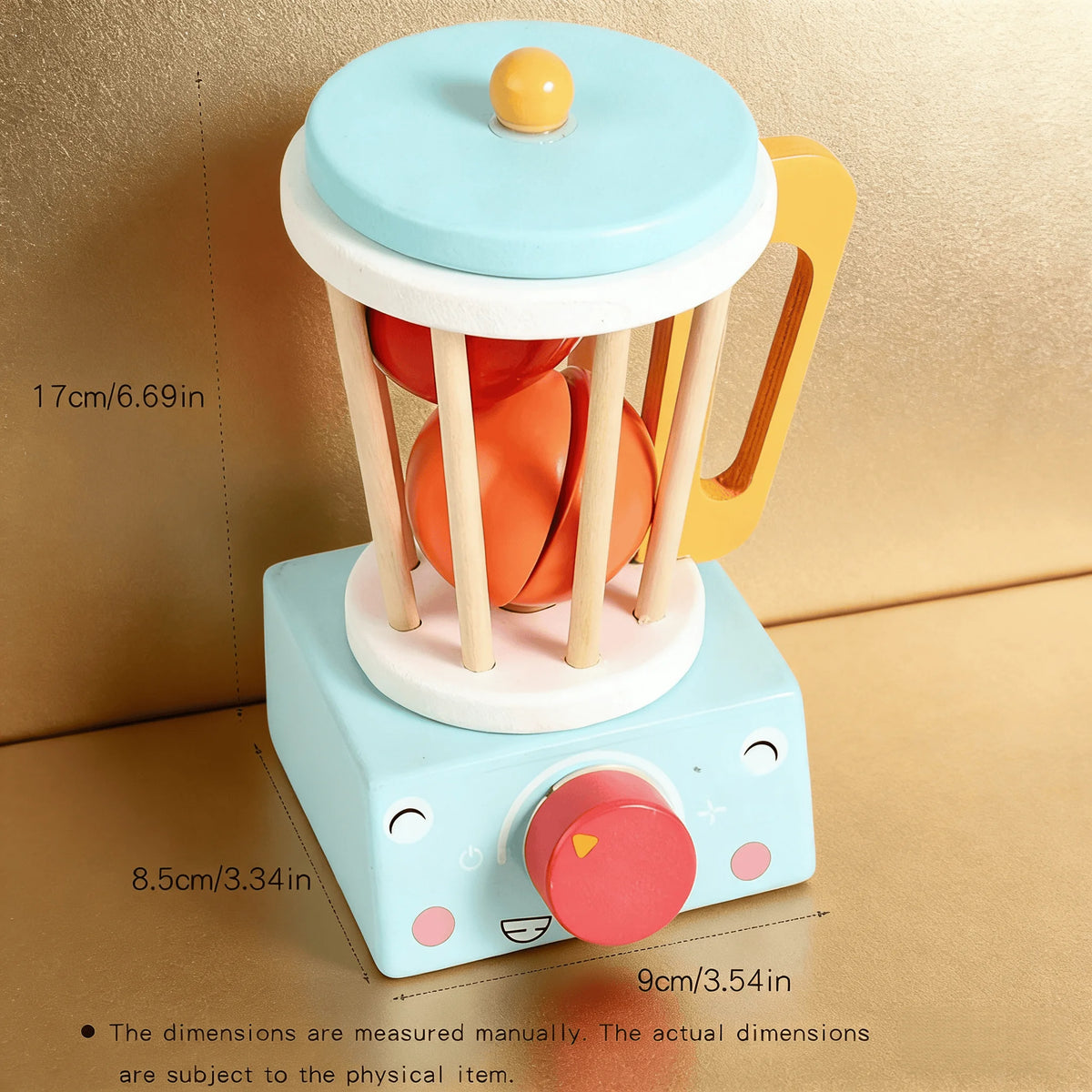A wooden kitchen play set featuring realistic orange food items and a light blue and yellow design.