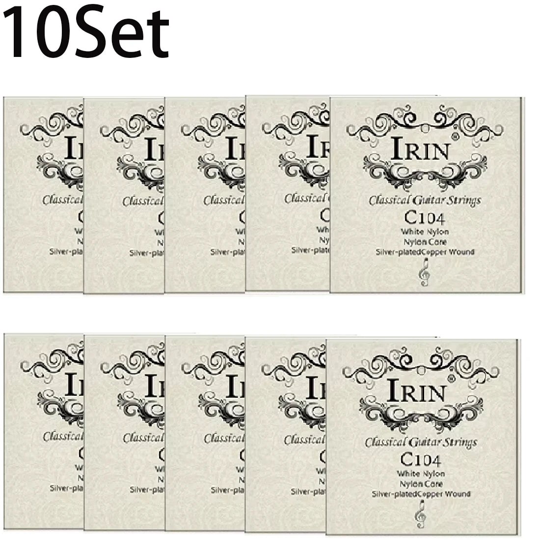 A set of 10 classical guitar strings, including white nylon and silver-plated copper wound strings.