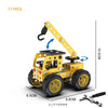 A yellow DIY metal building block set featuring an off-road vehicle and excavator engineering kit.