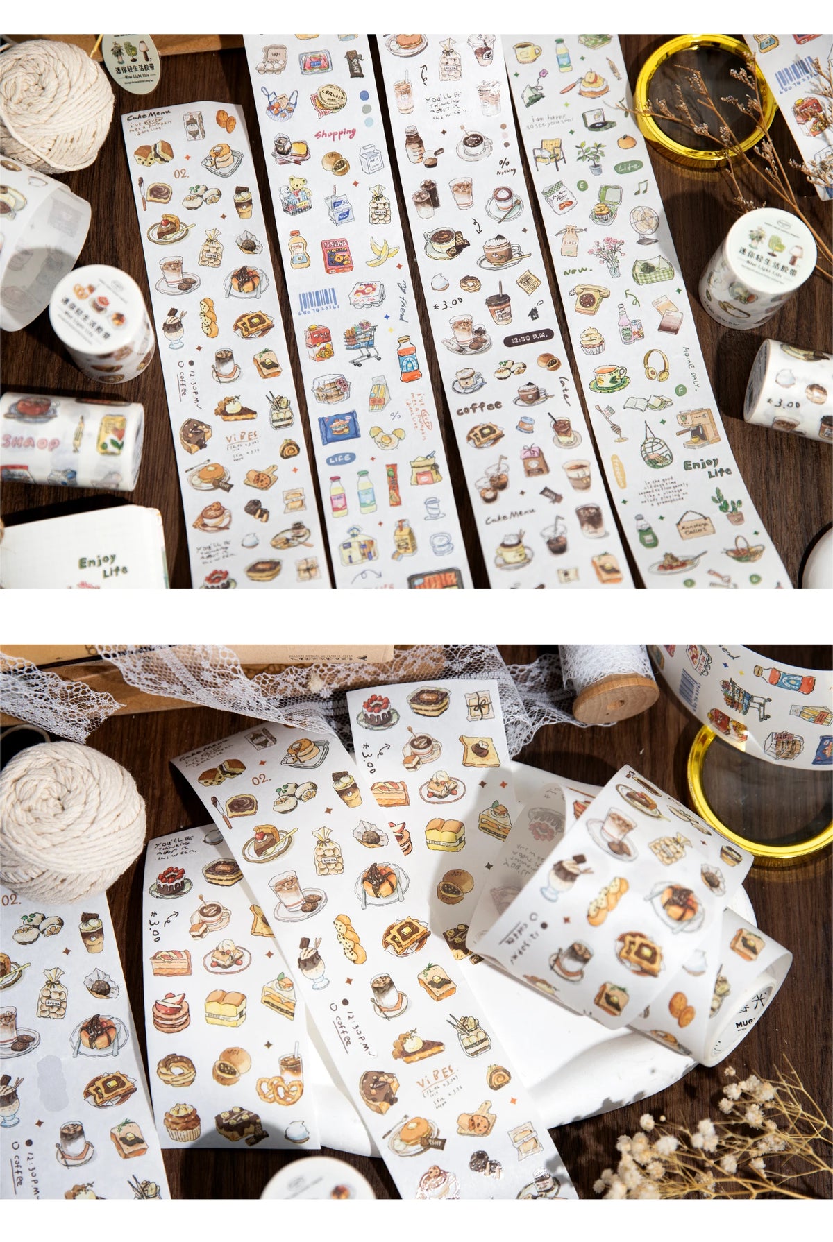 A set of decorative masking tape featuring coffee and bakery themes, including various food illustrations.