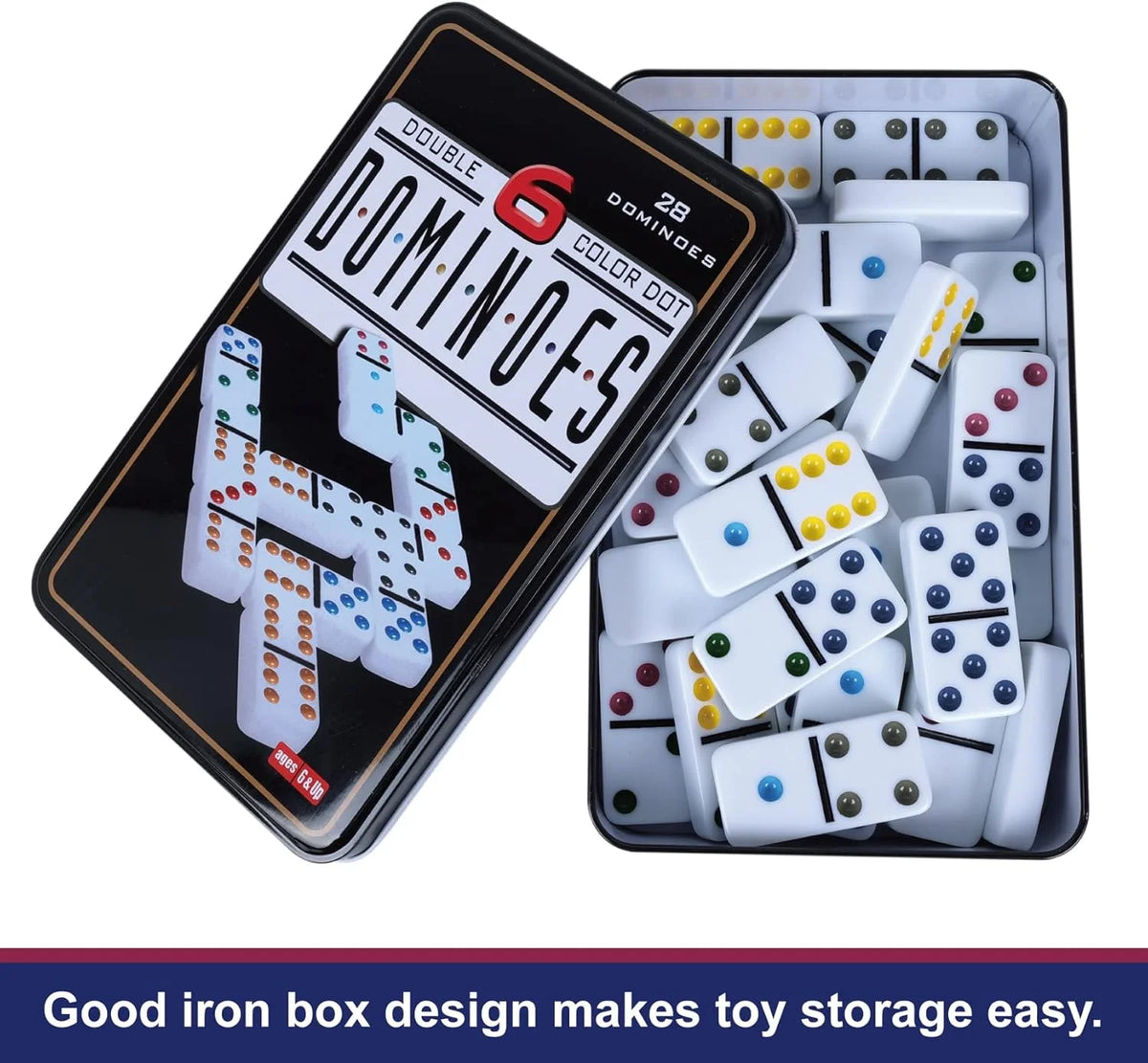 A black tin box containing 28 white and colored domino tiles for a game.