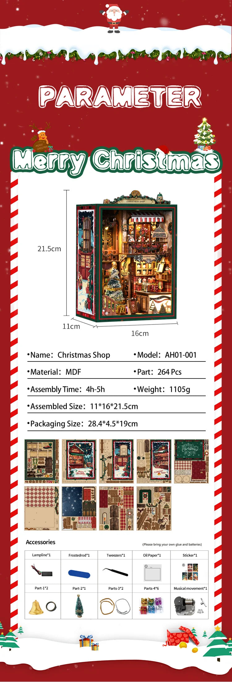 DIY Book Nook Kit – Christmas Shop Miniature Wooden Model with Lights