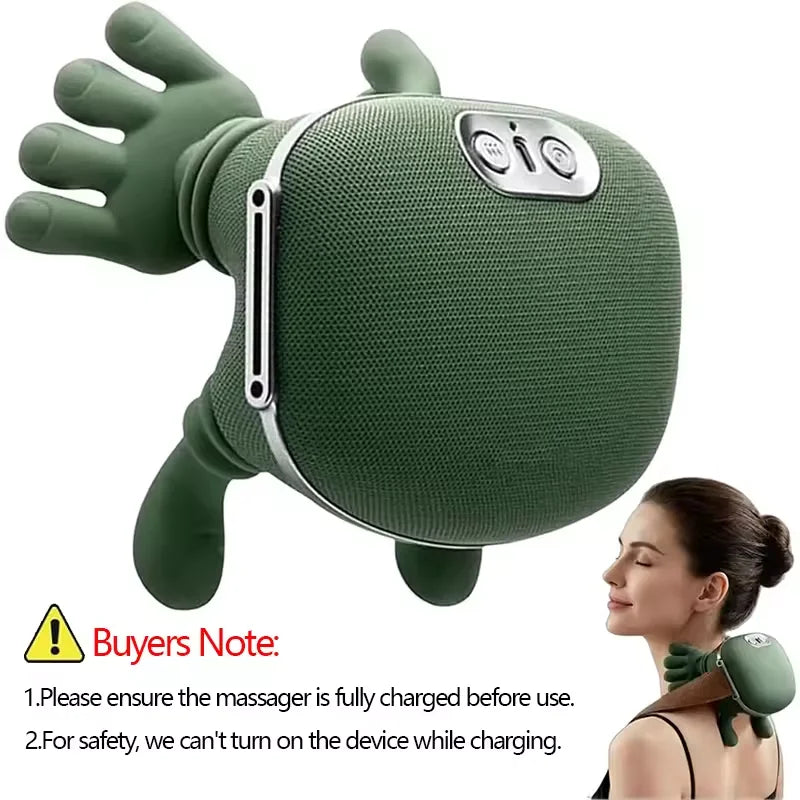 A green wireless 4D shiatsu neck and shoulder massager with a textured surface and a visible power indicator.
