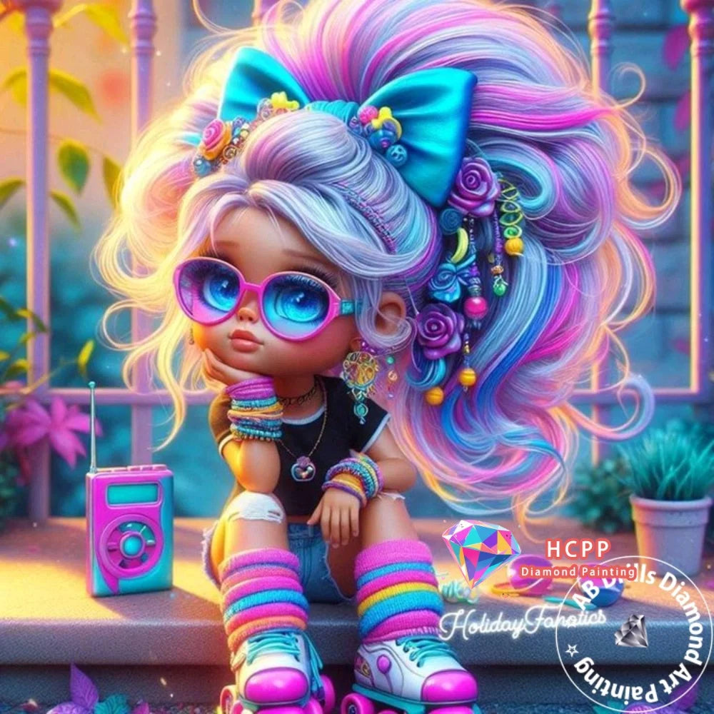 A vibrant figurine of a girl with bright pink and blue hair wearing oversized glasses and jewelry, set against a colorful bac