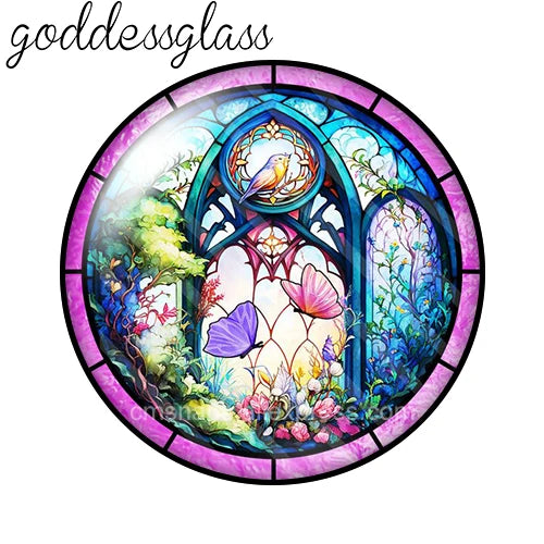A round stained glass dome featuring floral and bird motifs in shades of purple, blue, and green.