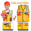 A child wearing a helmet holds various tools like a drill and pliers, next to a yellow tool clothing vest.