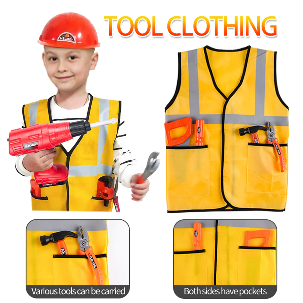 A child wearing a helmet holds various tools like a drill and pliers, next to a yellow tool clothing vest.