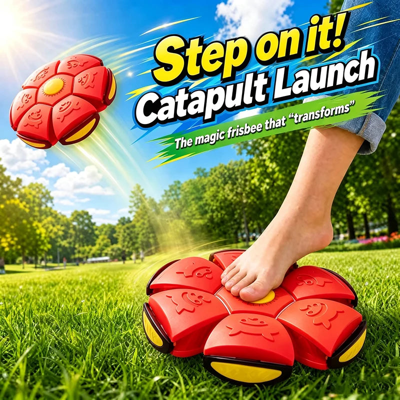 A hand is stepping on a red catapult launch ball, which is designed to transform into a frisbee.