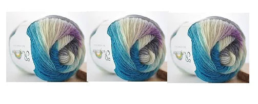 Three views of rainbow merino wool yarn showing various color blends and texture for knitting and crochet
