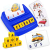 A blue plastic tray holds yellow fish and cube letters for a matching letter game.